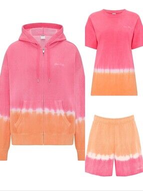 PINK Victoria's Secret Pink & Orange Tie-Dye Hoodie, Tee & Shorts 3pc Set NEW